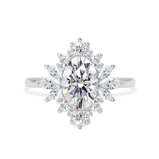 1.66 Carat Moissanite Oval Wedding Ring with Marquise & Round Accents