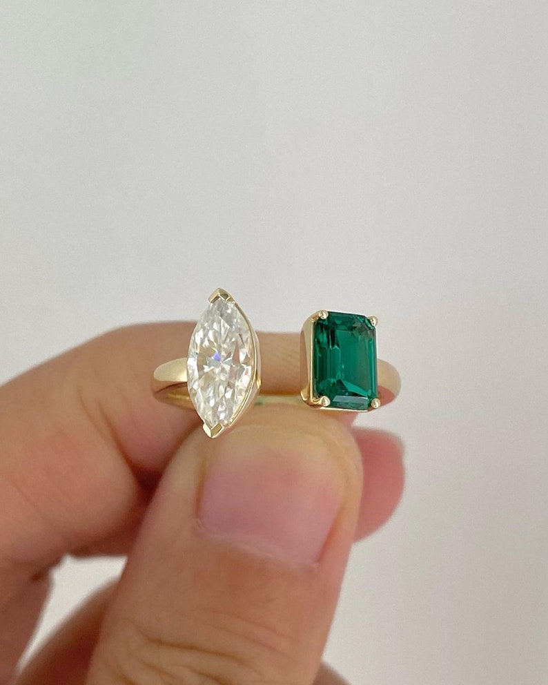 2.0 Ct Marquise Moissanite With 1.0 Ct Emerald Two Headed Ring