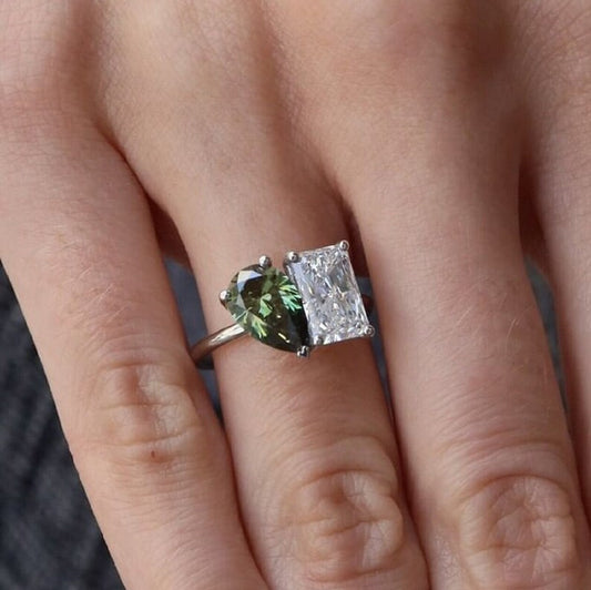 2.0 CT Radiant Moissanite With Green Pear Double Headed Ring
