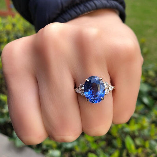 3.02 Carat Blue Oval Moissanite Engagement Ring with Round Details