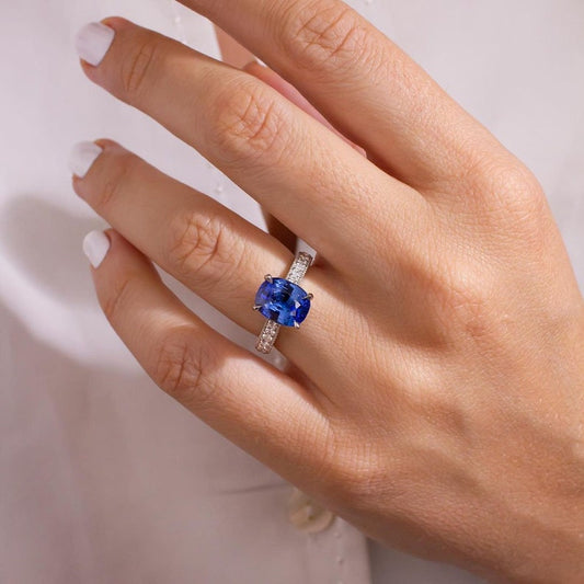 3.01 Carat Blue Cushion with Round Moissanite Engagement Ring