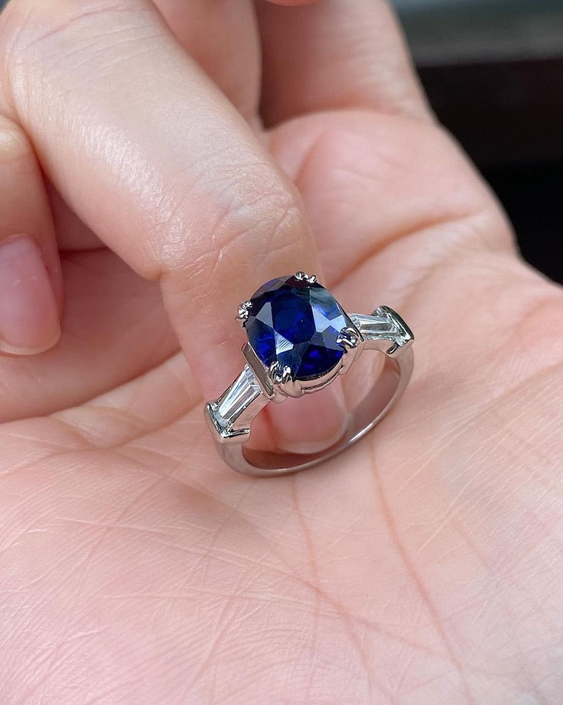 2.0 Carat Blue Oval Moissanite Engagement Ring with Tapered Side Accents