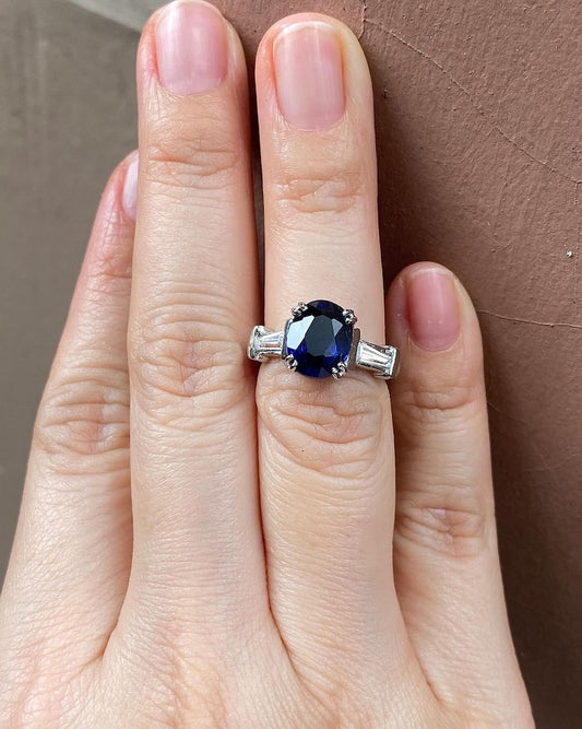 2.0 Carat Blue Oval Moissanite Engagement Ring with Tapered Side Accents