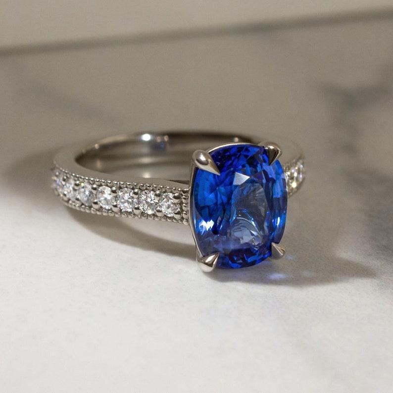 3.01 Carat Blue Cushion with Round Moissanite Engagement Ring