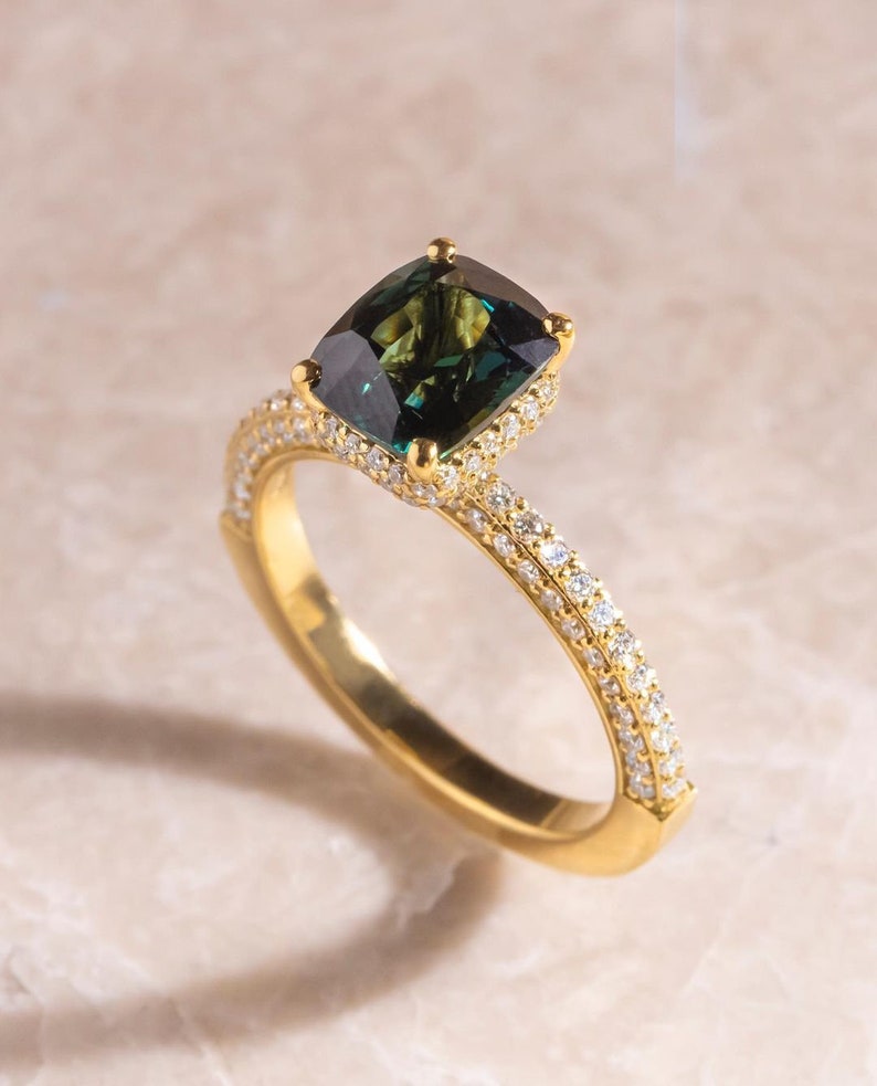 3.0 Ct Green Cushion With Round Moissanite Engagement Ring