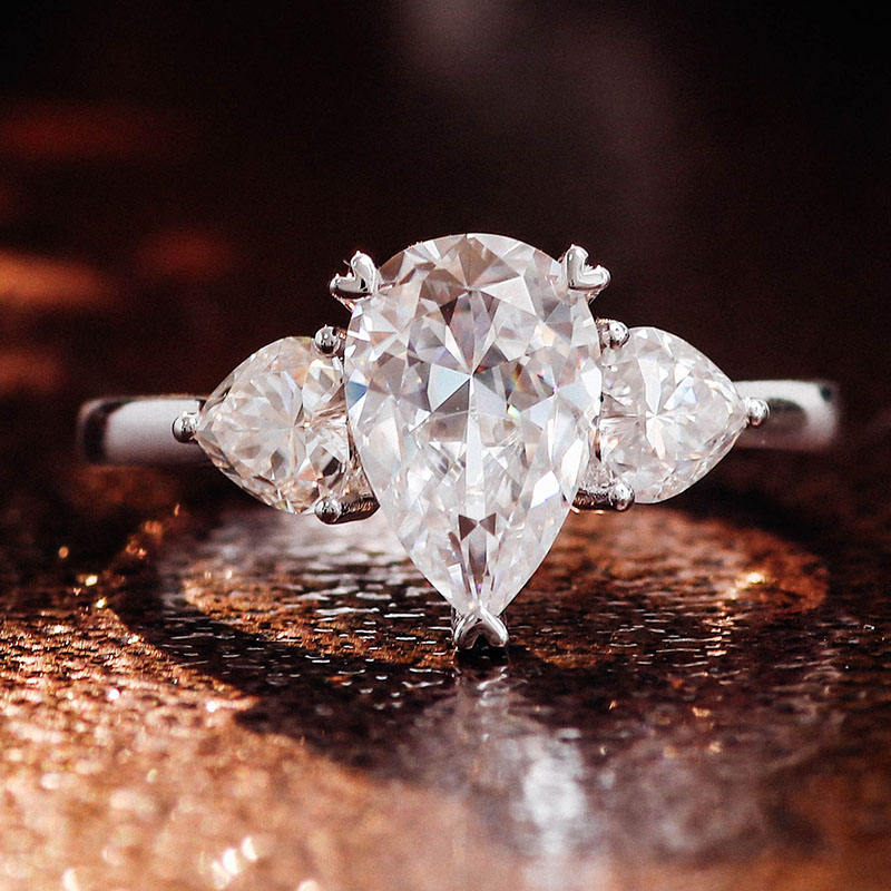 2.1 Carat Pear Moissanite with Heart and Round Stone Wedding Ring