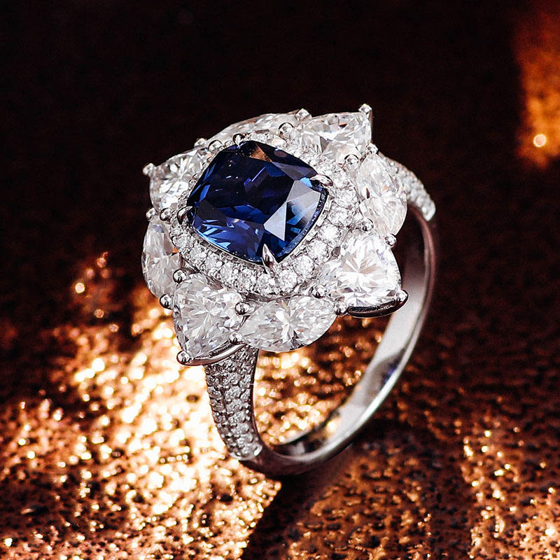 2.2 Ct Dark Blue Ellongate Cushion With Heart, Marquise & Round Cut Moissanite Wedding Ring