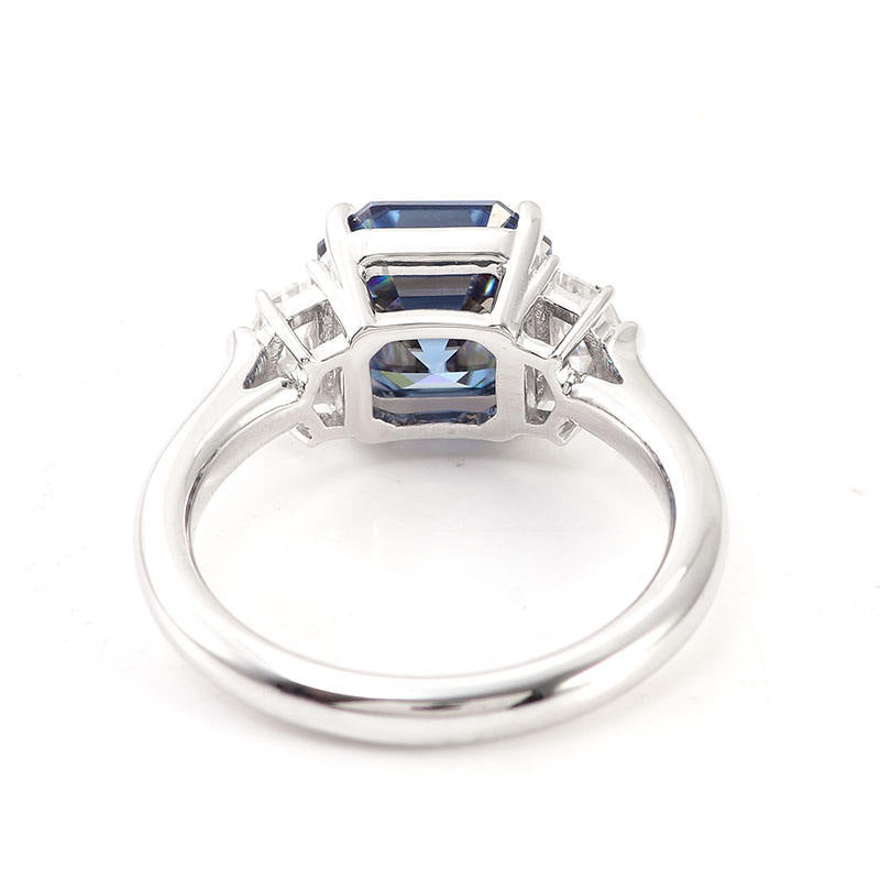 2.45 Ct Asscher Blue Moissanite With 2 Half Moon Cut Wedding Ring