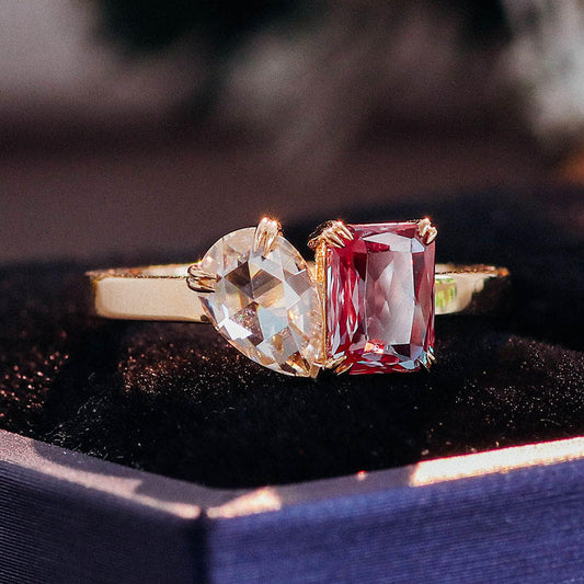 1.1 ct Red Pink Radiant With 1.0 Rose Cut Pear Engagement Ring