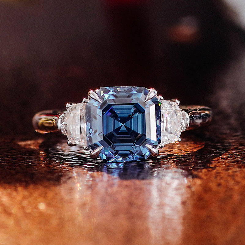 2.45 Ct Asscher Blue Moissanite With 2 Half Moon Cut Wedding Ring