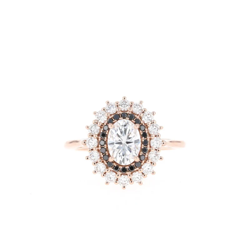 1.04 Ct Oval Moissanite With Brilliant Round Cut Moissanite & Black Stone Bridal Ring