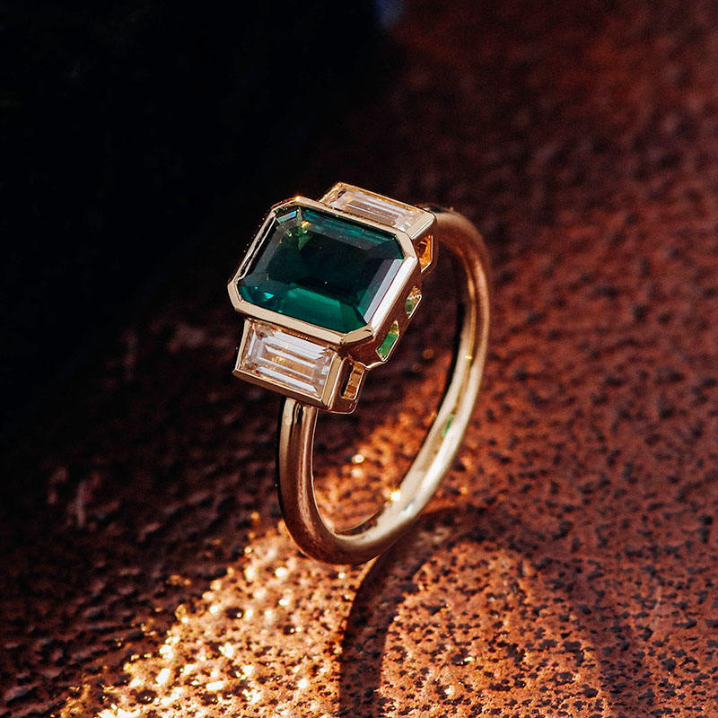 2.3 Ct Green Emerald With Moissanite Baugette Engagement Ring