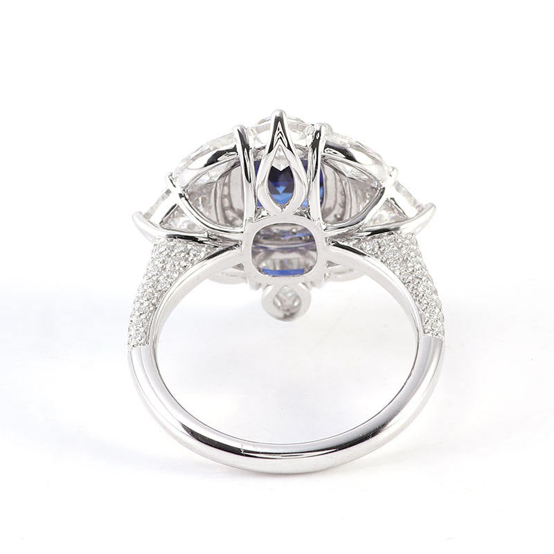 2.2 Ct Dark Blue Ellongate Cushion With Heart, Marquise & Round Cut Moissanite Wedding Ring