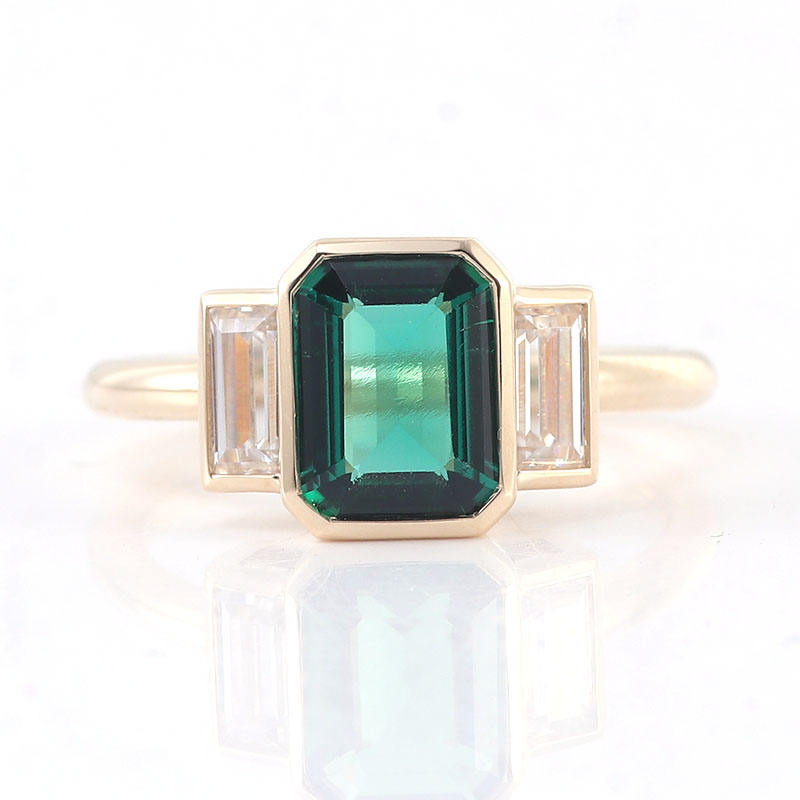 2.3 Ct Green Emerald With Moissanite Baugette Engagement Ring