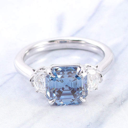 2.45 Ct Asscher Blue Moissanite With 2 Half Moon Cut Wedding Ring