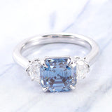 2.45 Ct Asscher Blue Moissanite With 2 Half Moon Cut Wedding Ring