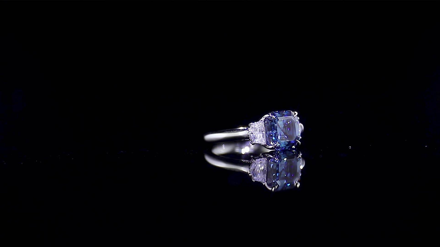 2.45 Ct Asscher Blue Moissanite With 2 Half Moon Cut Wedding Ring