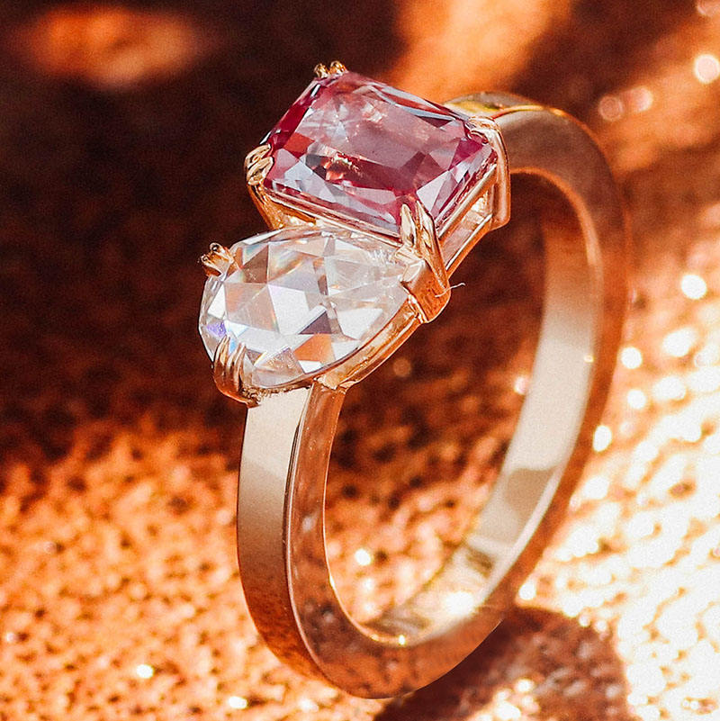 1.1 ct Red Pink Radiant With 1.0 Rose Cut Pear Engagement Ring