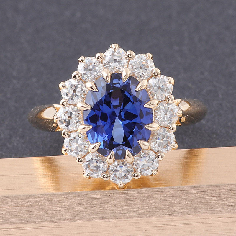 1.6 Ct Dark Blue Oval With Round Moissanite Wedding Ring