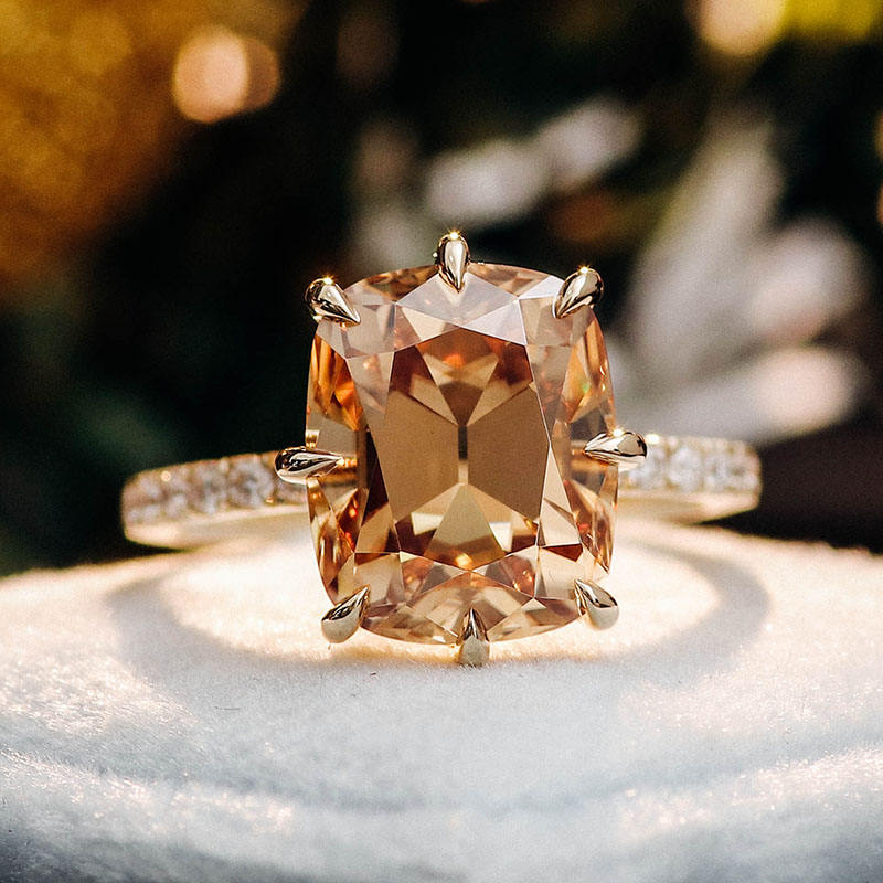 2.1 Ct Light Brown Elongate Cushion With Round Cut Moissanite Engagement Ring