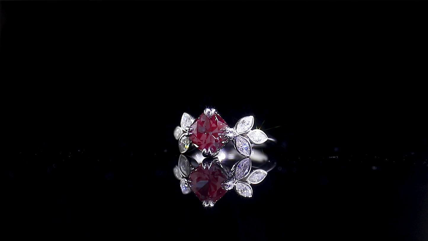 1.4 Ct Red Cushion With Marquise Moissanite Engagement Ring