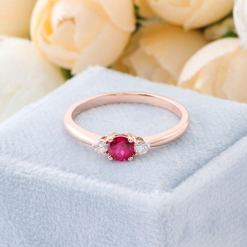 0.15 Ct Red Ruby Round With Round Moissanite Engagement Ring