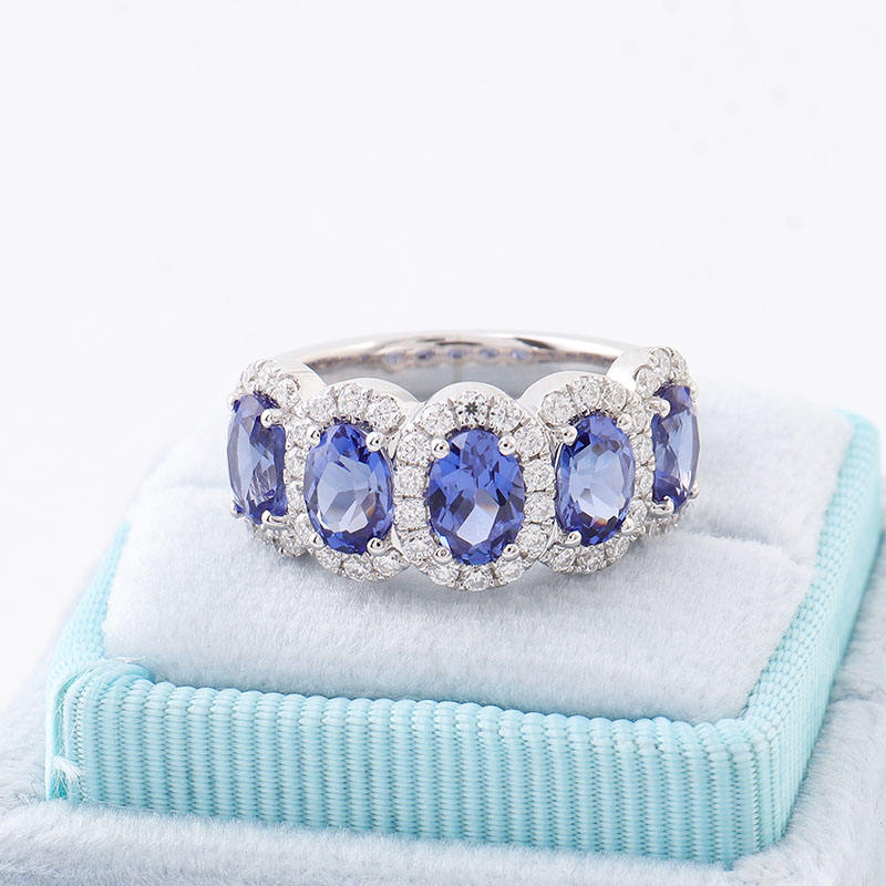 Blue Sapphire Oval With Brilliant Round Moissanite Ring