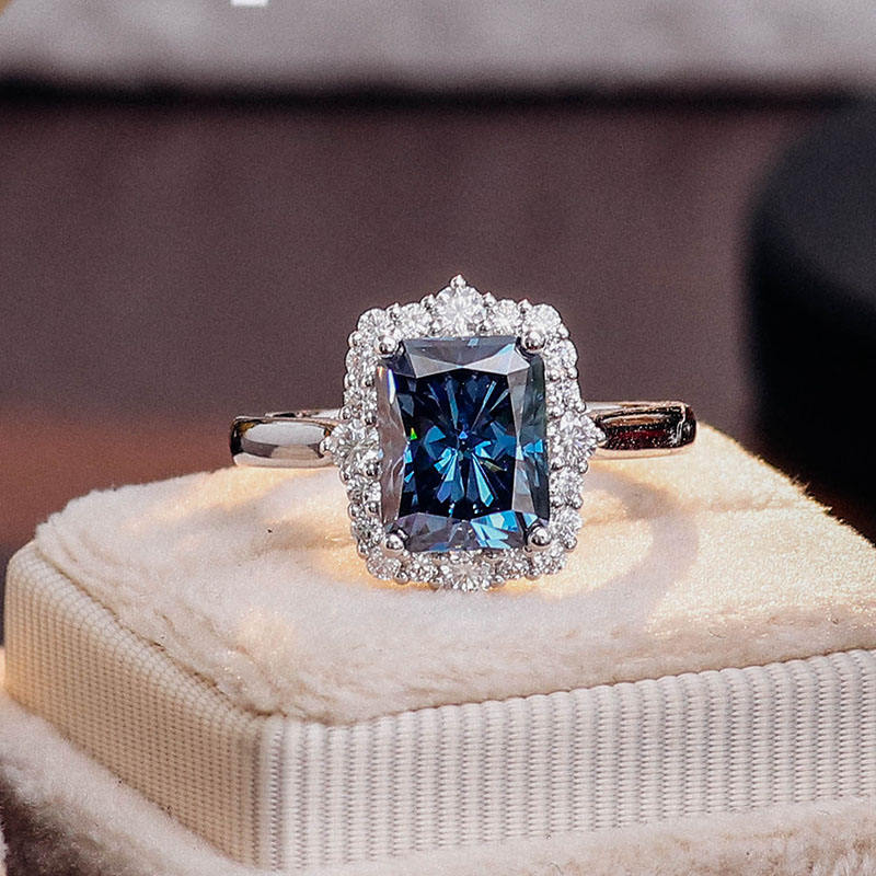 2.3 Ct Blueish Radiant Moissanite With Round Cut Engagegment Ring