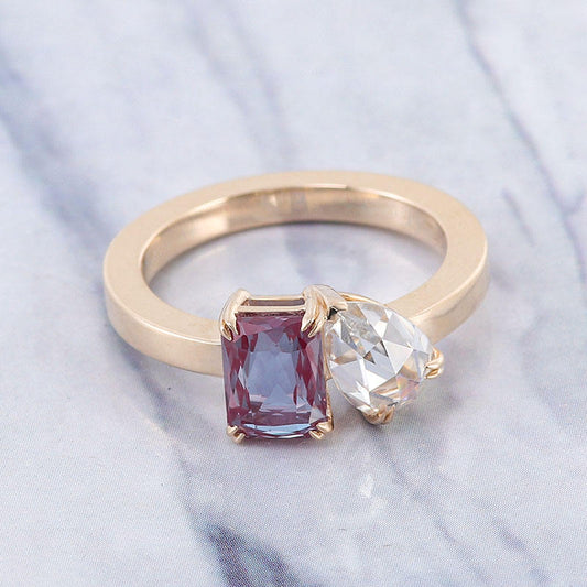 1.1 ct Red Pink Radiant With 1.0 Rose Cut Pear Engagement Ring