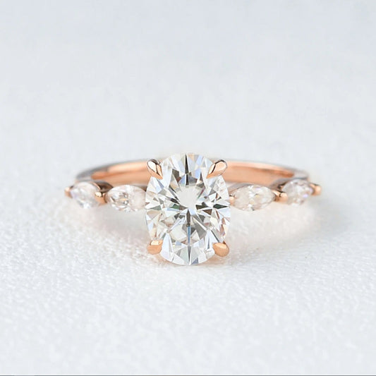 2.08 Ct Oval Moissanite With Marquise Engagement Ring