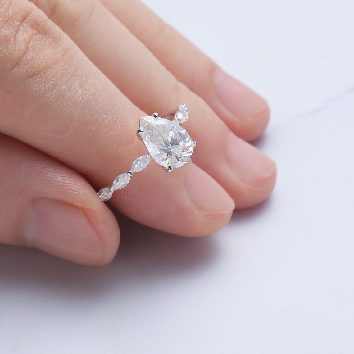 2.18 Ct Pear Moissanite With Marquise Engagement Ring