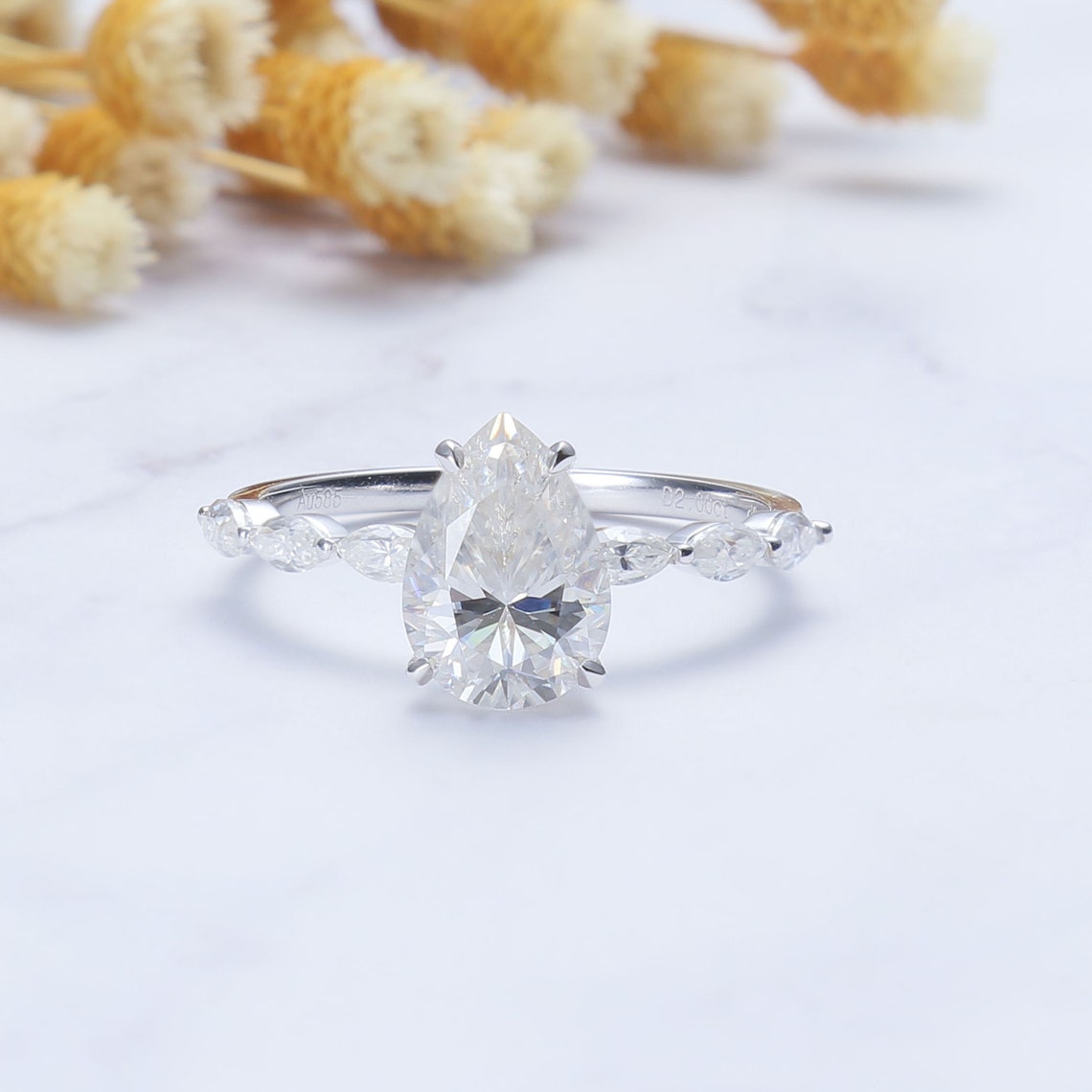 2.18 Ct Pear Moissanite With Marquise Engagement Ring