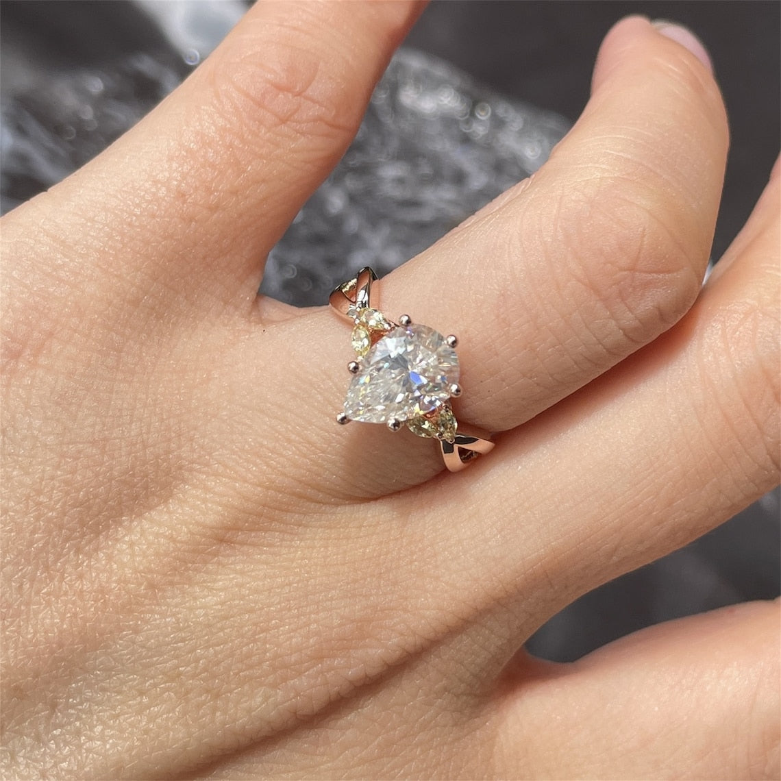 2.15 Ct Pear Moissanite With Marquise Engagement Ring