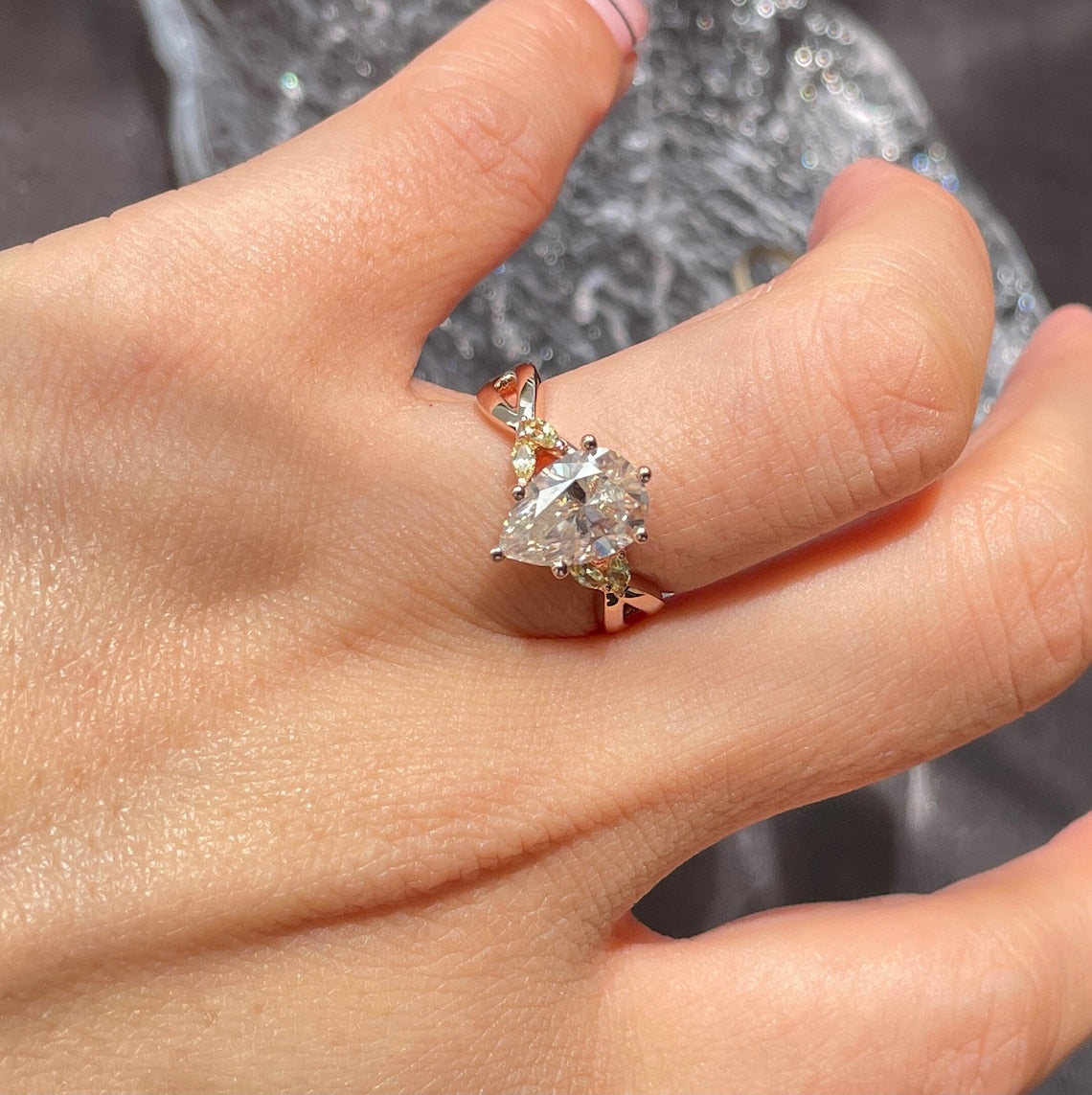 2.15 Ct Pear Moissanite With Marquise Engagement Ring