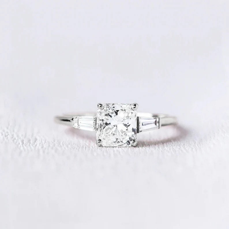 2.05 Ct Square Radiant Moissanite With Tapper Baugettes Wedding Ring