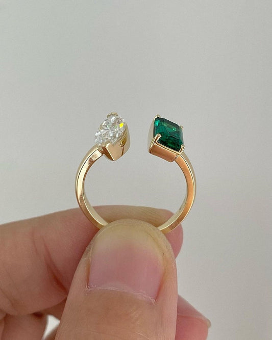 2.0 Ct Marquise Moissanite With 1.0 Ct Emerald Two Headed Ring