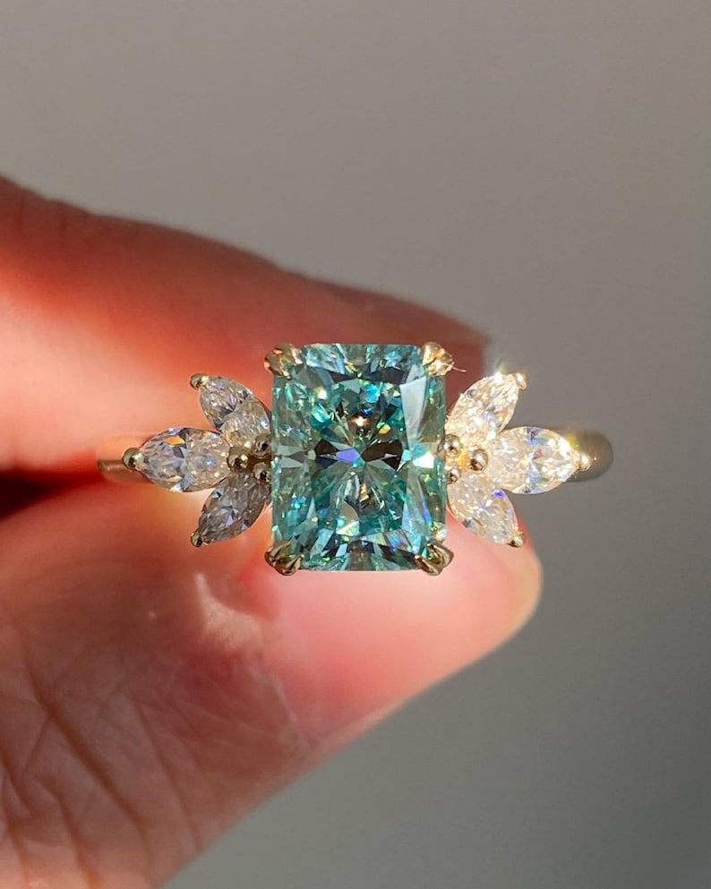 2.04 Ct Ocean Green Radiant With Marquise Moissanite Bridal Set