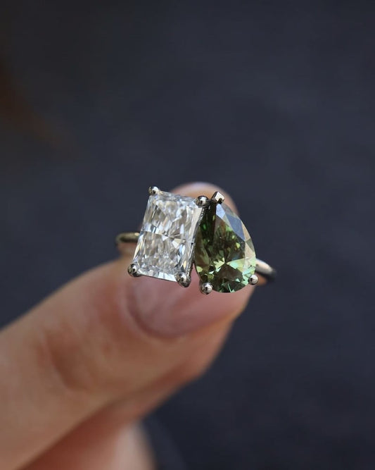 2.0 CT Radiant Moissanite With Green Pear Double Headed Ring