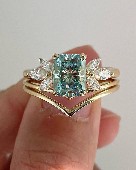 2.04 Ct Ocean Green Radiant With Marquise Moissanite Bridal Set