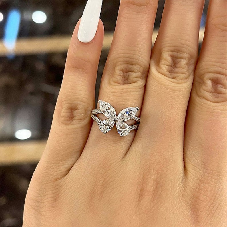 Brilliant Butterfly Marquise & Pear Moissanite Ring