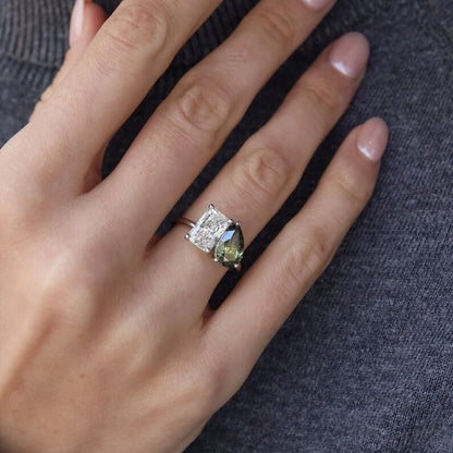 2.0 CT Radiant Moissanite With Green Pear Double Headed Ring