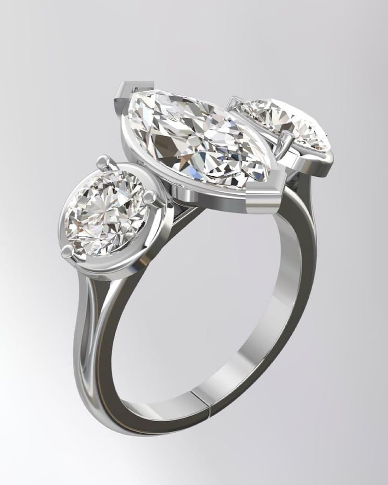 3.0 Ct Marquise With Two Round Moissanite Wedding Ring