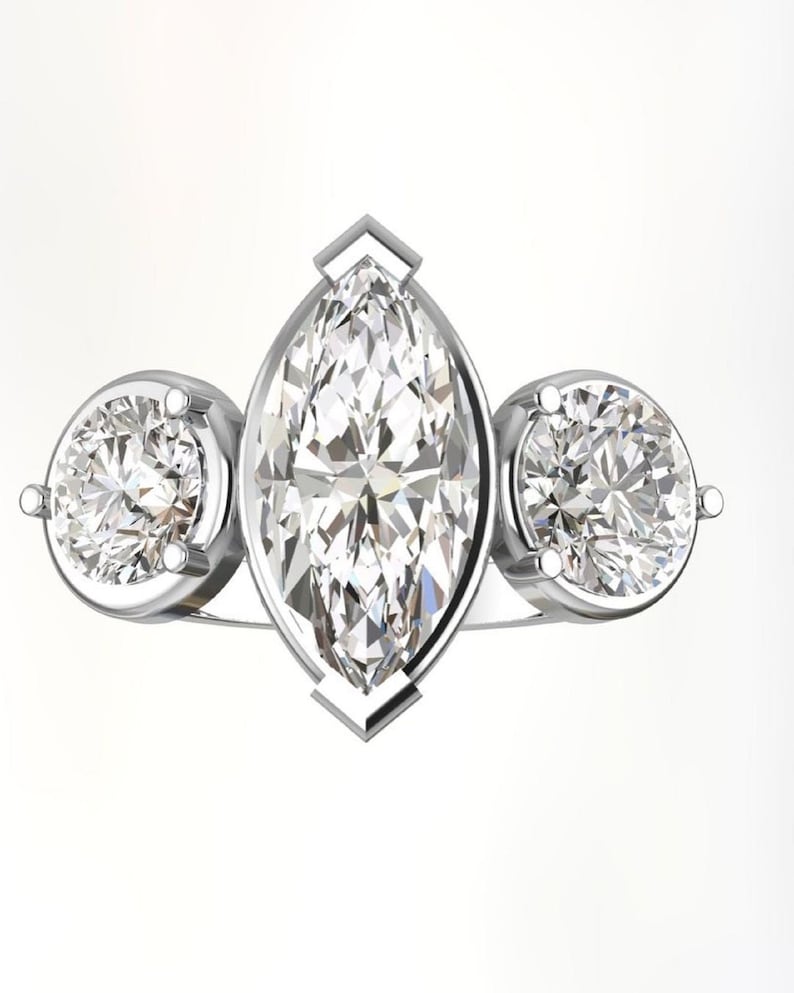 3.0 Ct Marquise With Two Round Moissanite Wedding Ring