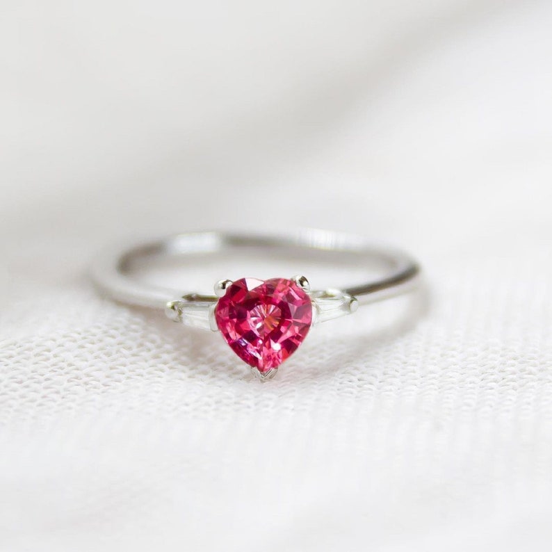 2.0 Ct Red Heart With Tappered Baugette Moissanite Engagement Ring