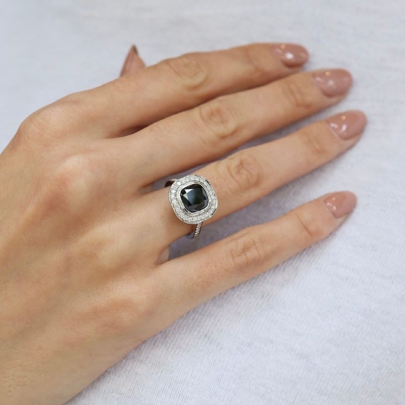 Black Cushion With Brilliant Round Moissanite Engagement Ring