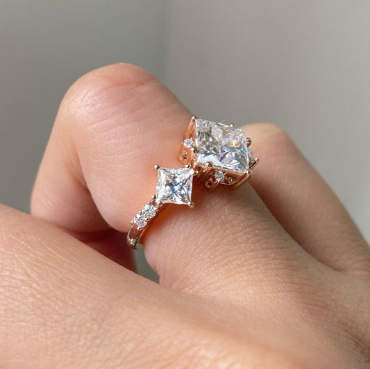 2.0 Ct Princess Moissanite With Small Princess In Side Engagement Ring