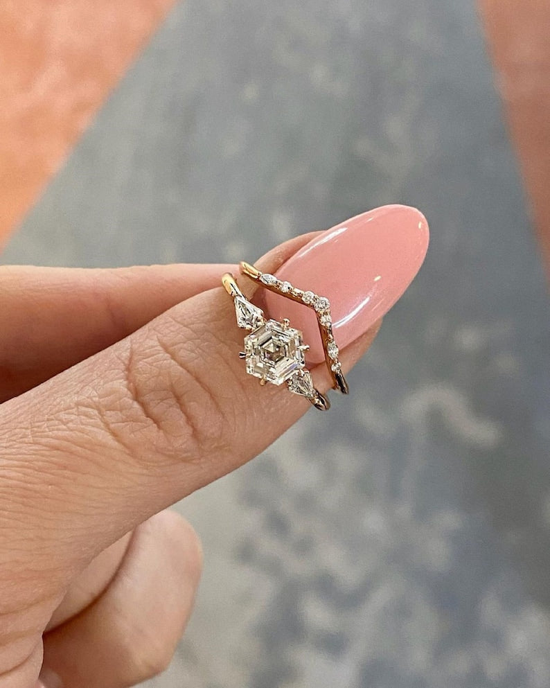 3.0 Ct Hexagon Moissanite With Kite Diamonds Engagement Ring