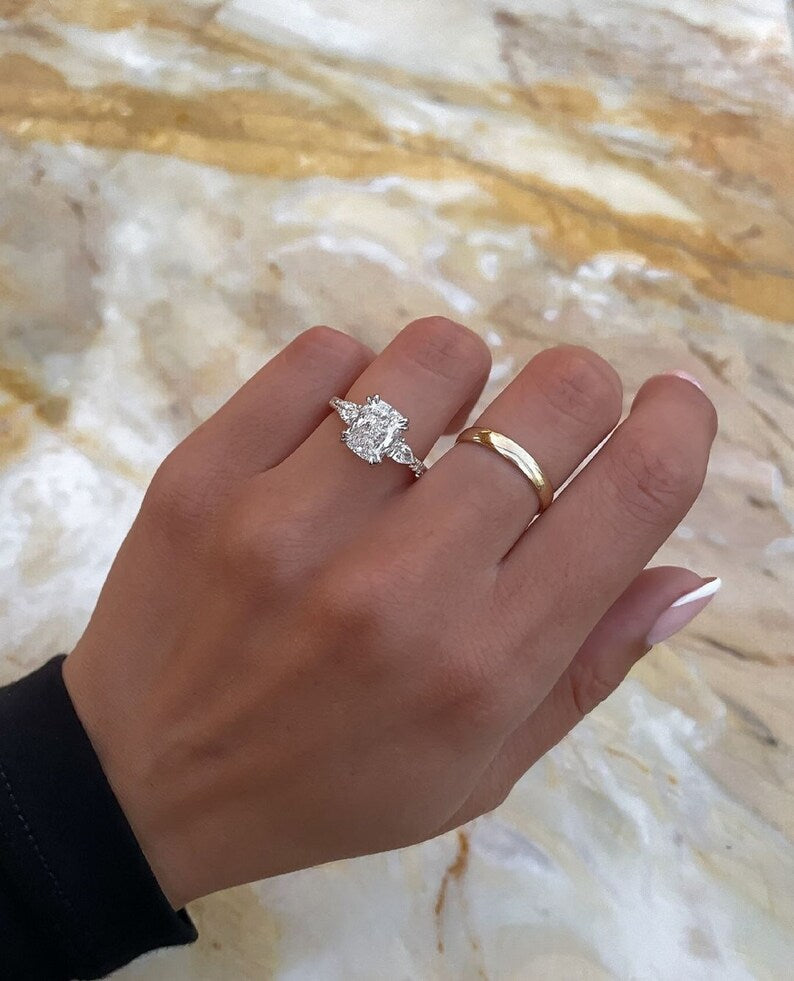 2.0 Ct Elongated Cushion With Pear Moissanite Engagement Ring