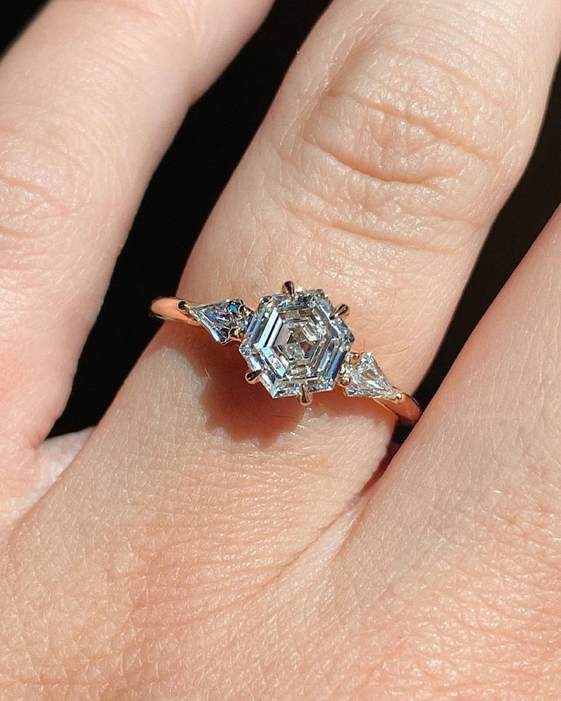 3.0 Ct Hexagon Moissanite With Kite Diamonds Engagement Ring