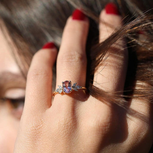 1.0 Ct Pink Oval With Marquise Moissanite Engagement Ring